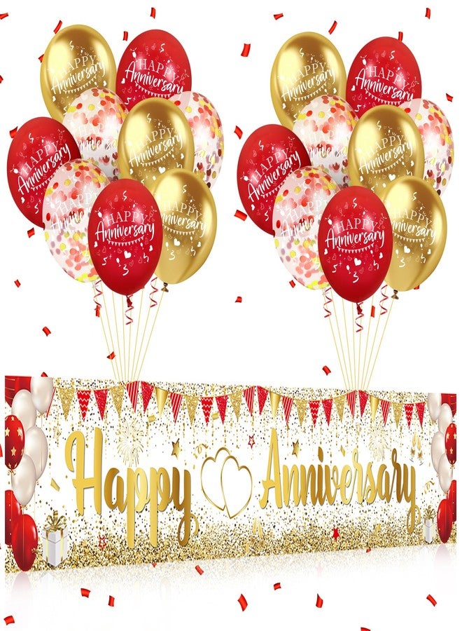 Yoirrat Red Gold Happy Anniversary Banner & Yard Sign with 18pcs 12" Latex Balloons for Wedding Party Supplies - Image 1